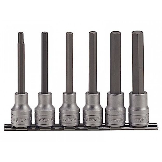 Picture of TENGTOOL M1211 6PC 100mm 1/2&#039;&#039; DR HEX BIT SOCKETS ON CLIP RAIL SET INCL 5,6,7,8,10,12mm