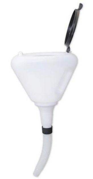 Picture of Groz Plastic Anti Splash Funnel - 8" Dia. capacity 1.7 litre. Complete with wire mesh screen dust cap & flexible spout. Transluc