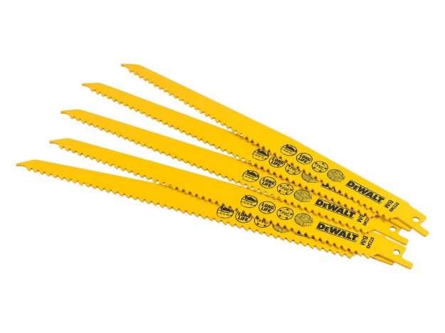 Picture of Dewalt DT2349 Pkt 5 Sabre Saw Blades 228mm 6TPI Wood With Nails & Plastic