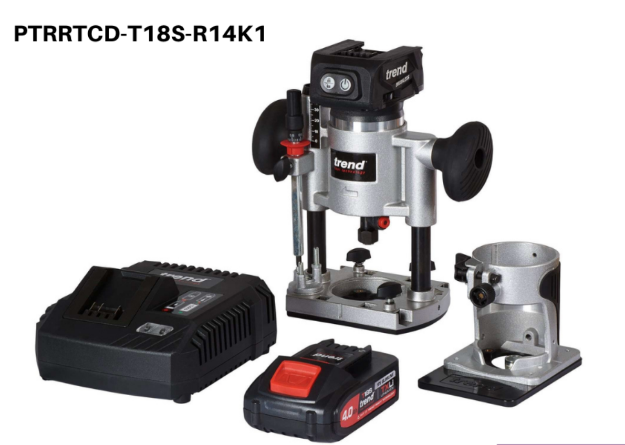 Picture of Trend T18S/R14K1 18V 1/4" Brushless Router Kit with Plunge & Trim Bases 60mm Plunge Depth 37mm Trim Depth 2.79kg C/W 1 x 4.0Ah Battery and Fast Charger In Carry Case (50% OFF)