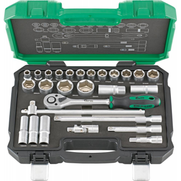 Picture of FORTIS 1/2" DRIVE SOCKET SET 27PCE  reg socket10-32mm  deep socket 13,17,19mm,plug socket16,21mmext bar 75,125,250mm, sliding t bar ,universal joint 1/2"ratchet