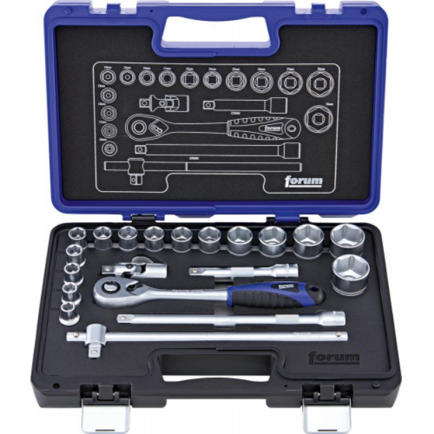 Picture of FORUM 20pc 1/2'' SOCKET SET 10-32mmContents:1 lever reversible ratchet, 72 teeth15 hexagon socket spanner inserts 10; 11; 12; 13; 14; 15; 16; 17; 18; 19; 22; 24; 27; 30; 32 mm2 extensions 125; 250 mm1 T-handle with sliding block1 universal joint