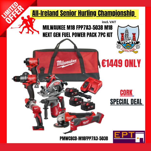 Picture of Milwaukee M18 FPP7A3-503B M18 Next Gen Fuel Power Pack 7pc Kit Milwaukee M18FPP7A3-503B 7pc Fuel Power Pack C/W M18FPD3 Combi Drill, M18FID3 Impact Driver, M18FSAG115X Angle Grinder, M18FH SDS Drill, M18FMT Multi-tool, M18CCS55 Circular Saw, M18TLED Torch & 3 x 5.0ah Batteries In Fuel Wheel Bag 