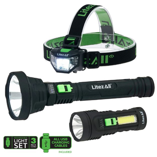 Picture of LitezAll 27625 Rechargeable Torch/Head Torch Triple Pack