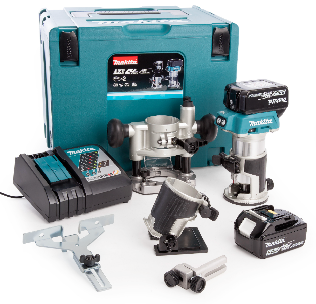 Picture of Makita DRT50RTJX2 18V Brushless Trimmer Router 10000-30000rpm Includes Plunge, Trimmer & Tilt Bases C/W x2 5.0Ah Batteries & Chargers In Makpac Case.