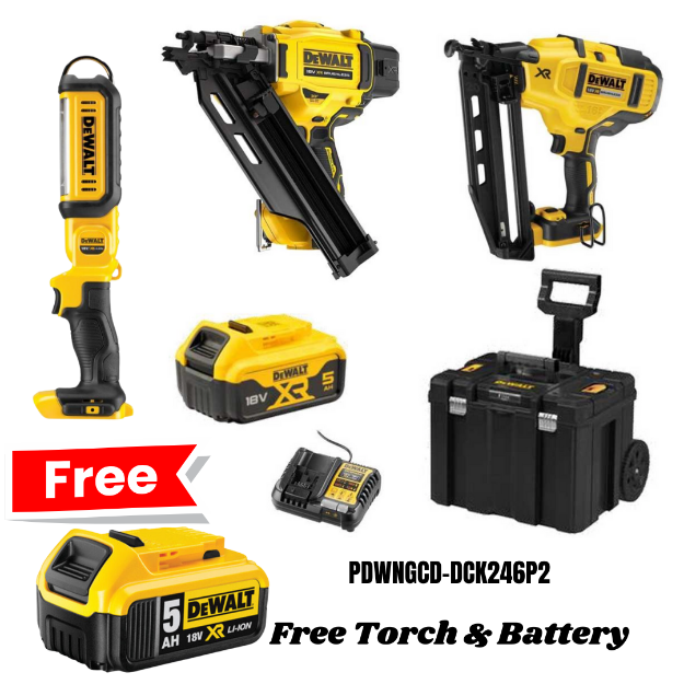 Picture of Dewalt DCK246P2T 18v XR Combo Nailer Kit Includes DCN930 Framing Nailer & DCN660 16g Angle Finsh Nailer C/W 2 x 5.0Ah Li-ion Batteries & Charger In DWST83347-1 Mobile T-stak Box + Claim Free Torch & Battery