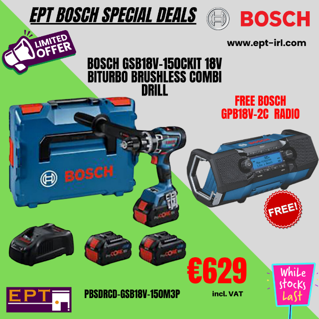 Picture of Bosch GSB18V-150CKIT 18v Biturbo Brushless Heavy Duty 3 Speed Combi Drill 150nm 0-2200rpm C/W 3 x 8.0Ah Procore Li-ion Batteries & Charger In Box 0615A50033  