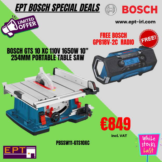 Picture of Bosch GTS 10 XC 110v 1650w 10'' 254mm Portable Table Saw 4000rpm Cutting Depth 79mm Cutting Width Right 635mm Left 250mm 35kg 