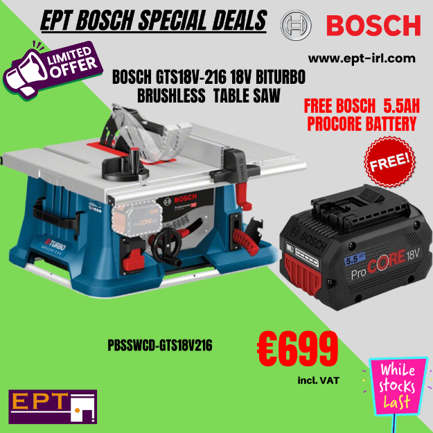 Picture of Bosch GTS18V-216 18V Biturbo Brushless 81/2'' 216mm Table Saw 4500rpm 635x70mm Cutting Capacity Right Side 216x30mm Blade 21.6kg Bare Unit 0601B44000 