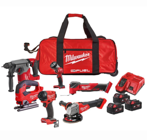 Picture of Milwaukee M18 FPP6L3-503B M18 Fuel Power Pack 6pc Kit C/W M18FID3 Impact Driver, M18FSAG115X Angle Grinder, M18FH SDS Drill, M18FMT Multi-tool, M18FJS Jigsaw, M18TLED Torch & 3 x 5.0ah Batteries In Fuel Wheel Bag