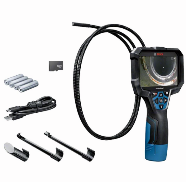 Picture of BOSCH GIC 12V-5-27C Professional Inspection Camera 5" Display, 8.3mm Diameter, 1.5m Length Cable C/W 4 x AA Batteries, 12v Battery Adapter, USB-C Cable & 32GB Micro SD-Card In Cardboard Box